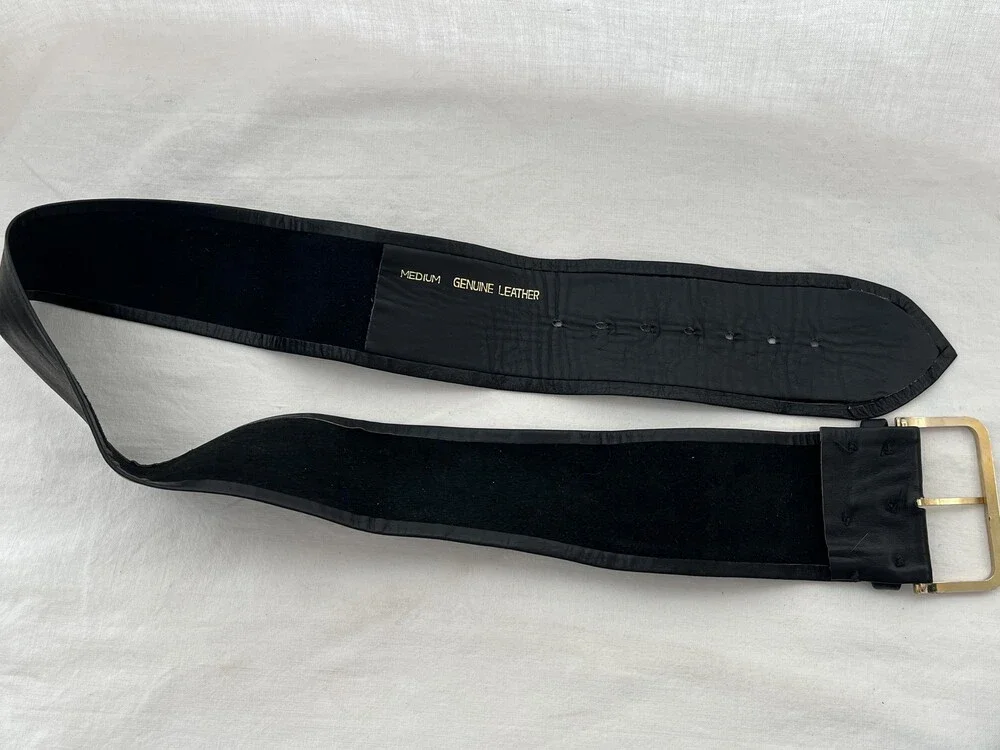 Handmade Wide Genuine Leather Belt Womens Med Black Waist Cinch Statement Buckle